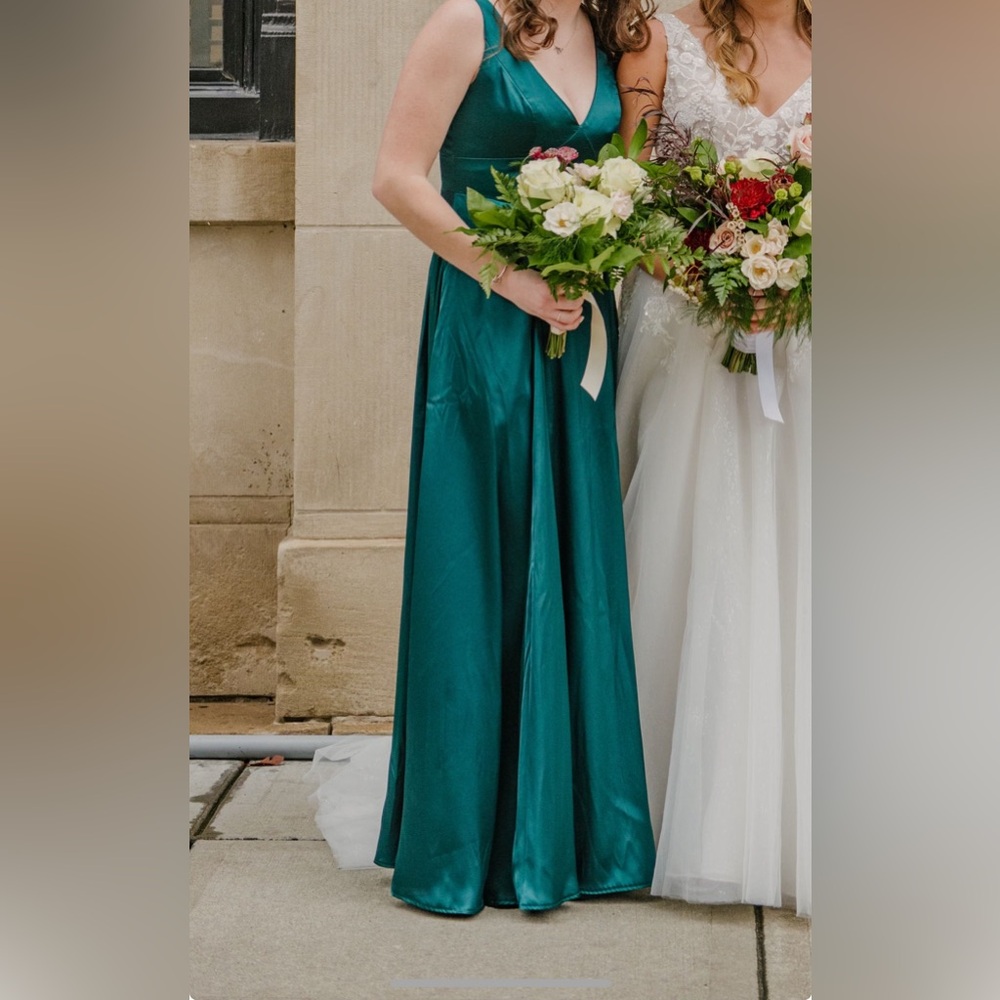 Davids Bridal gem color charmeuse tank v-neck dress with slit